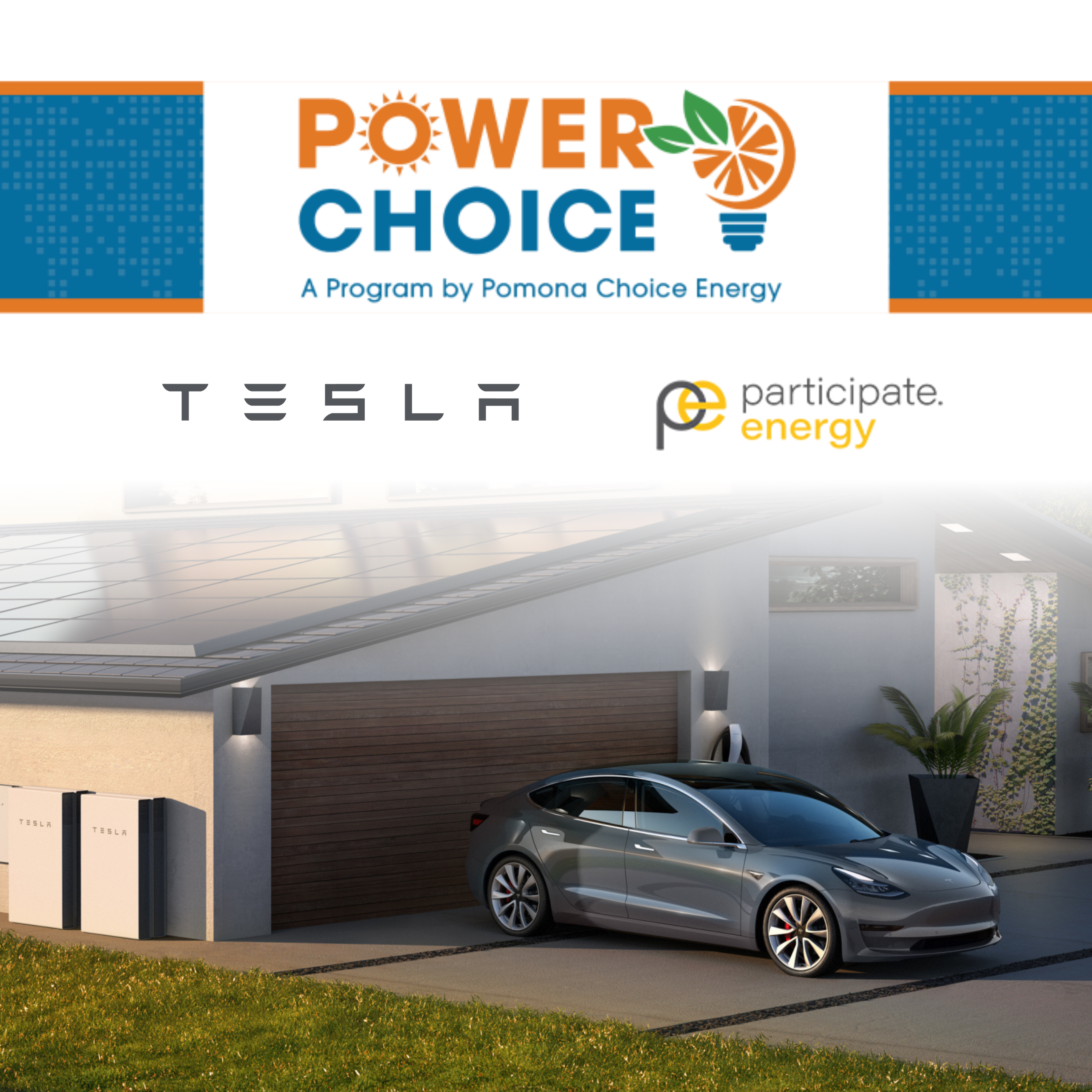 Tesla parked outside home with solar panels and Powerwall